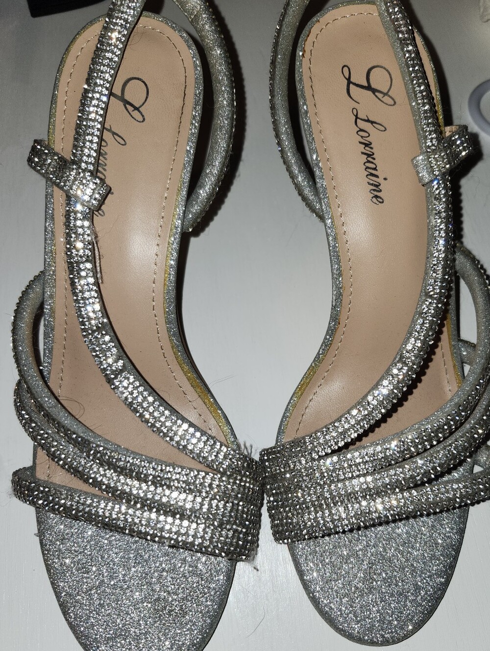 Silver Glitter Rhinestone Embellished Strappy Heels Size 8